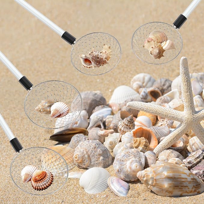 Roshtia 4 Pcs Beach Sand Sifter Set, Adjustable Long Handle Shell Scoop, Shark Tooth Sifter Mesh Shovel for Family Seashell Collecting, Sea Glass Hunting and Beach Treasure Fun