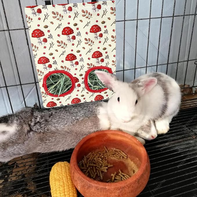 JarThenaAMCS 2Pcs Rabbit Hay Feeder Bag with 2 Holes Black Beige Mushroom Guinea Pig Hanging Hay Feeding Bag Storage Dispenser for Chinchilla Hamster Bunny Small Animal Pet