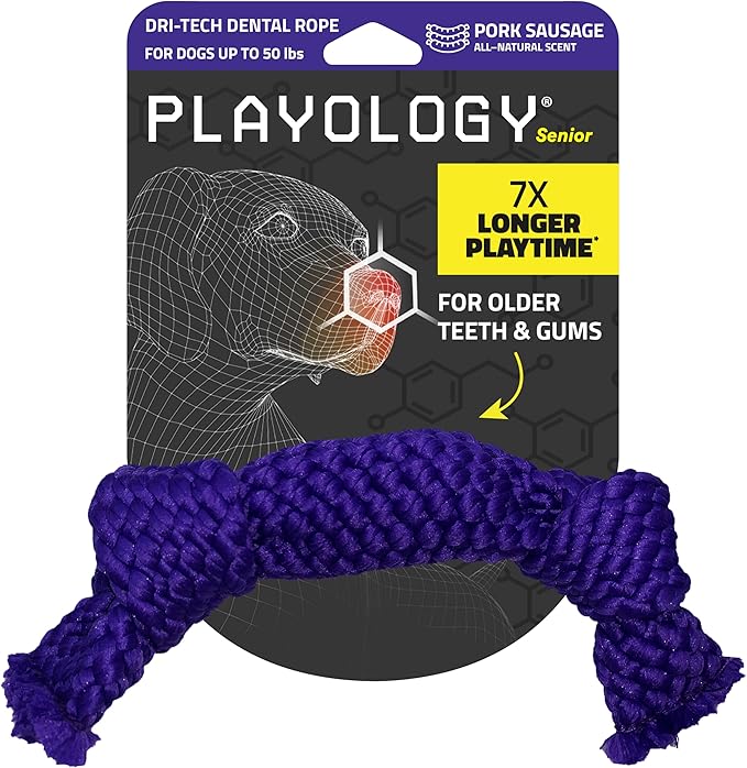 Playology Dog Toys | Dri-Tech Dental Rope Toy for Senior Dogs, Gentle on Teeth | Pork Sausage Scented Medium Toy | Dog Rope for Tug of War