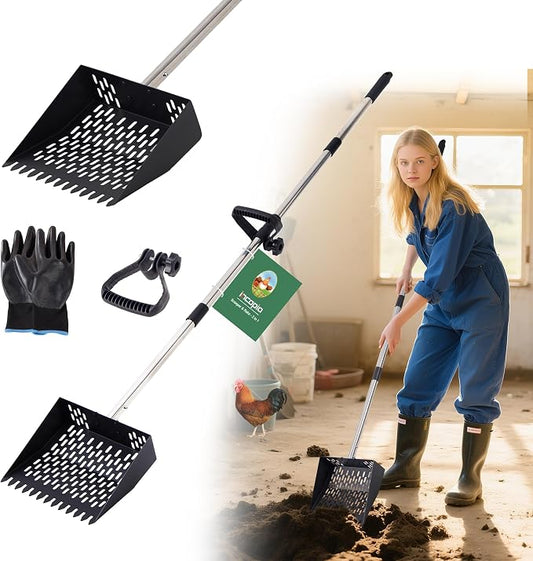 2-in-1 Chicken Poop Scooper & Rake - 10” Metal Chicken Poop Sifter Shovel with Fine Mesh, Pooper Scooper for Sand - Adjustable 39–67” Stainless Steel Handle, Animal Waste & Coop Cleaning Tool