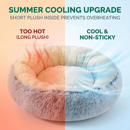 Calming Donut Dog Bed Cat Bed, Fluffy Long Fur Outer & Short Fur Inner, Sweat-Free Cozy Cuddler, Non-Slip Bottom,for Small Medium Dogs Cats Puppy Kitten (Donut Bed - Grey, Medium 19.7 Inches)