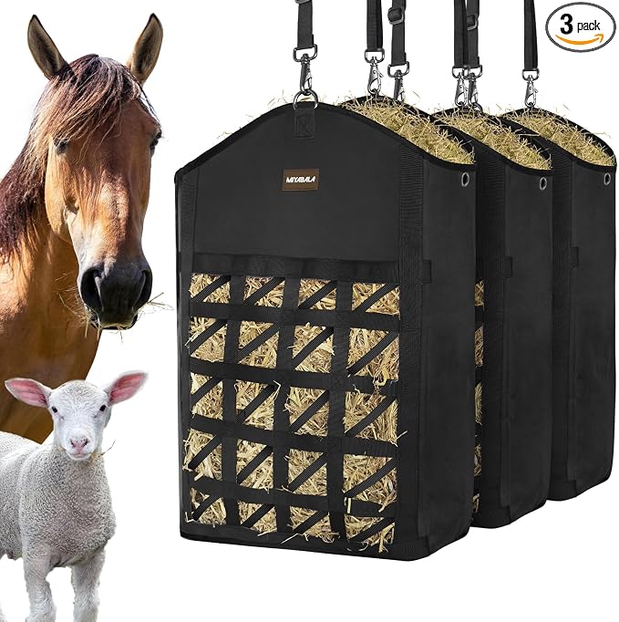 Ultra-Slow Feed Hay Bag for Horses, 3 Packs Hay Bags with Net Front Design,Wide Opening for Easy Filling,Two Types of Hanging for Feeding Goats, Sheep and Donkeys (3 Black)