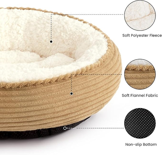 Love's cabin Round Donut Cat and Dog Cushion Bed, 25in Pet Bed for Small or Medium Dogs, Anti-Slip & Water-Resistant Bottom, Soft Durable Fabric Pet Beds, Washable Calming Cat Bed Camel Stripe