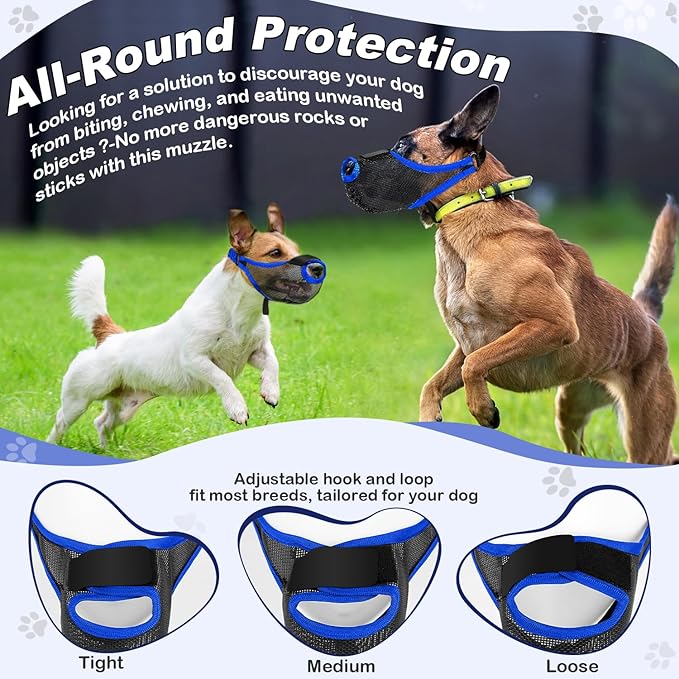 Dog Muzzle, Soft Air Mesh Muzzles for Large Sized Dogs, Breathable Dog Mussels for Scavenging Biting Licking & Barking, Adjustable Mouth Guard with Front Opening, Allows Panting and Drinking (Blue,L)