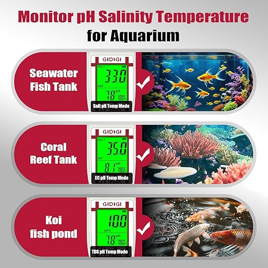Aquarium Salinity pH Meter,Digital Pool Salt Tester,Simultaneously Display 5 in 1 PPM pH EC Reader Water Quality Tester for Pool, Aquaponics,Koi Pond, Coral Reef Tank