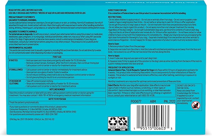 Amazon Basics Preventative Flea, Tick & Mosquito Topical Treatment for X-Large Dogs (Over 55 pounds), Kills Fleas, Long-Lasting, 6 Count, Packaging May Vary