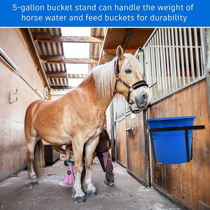 Teenyyou 2 Pcs Heavy Duty Metal Bucket Holder Securely Bucket Hangers for 5 Gallon Horse Water and Feed Pre Installed Pail Holder for Horses, Wall Mount(Two Strip Style)