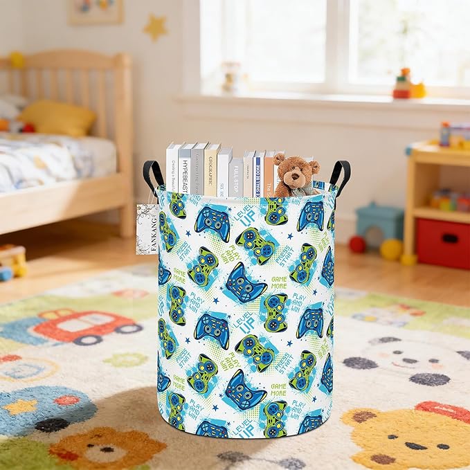 Storage Basket, Nursery Hamper Canvas Laundry Basket Foldable with Waterproof PE Coating Large Storage Baskets for Kids Boys and Girls, Office, Bedroom, Clothes,Toys(Game)