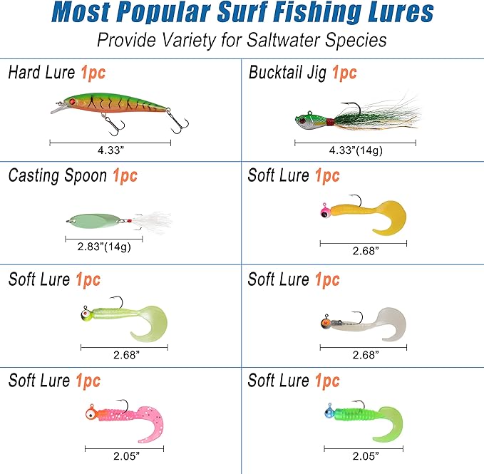 Saltwater Fishing Tackle Kit,160pcs Surf Fishing Gear Set Saltwater Lures Bucktail Jigs Fishing Bait Rigs Pyramid Sinkers Leaders Hooks Swivels Ocean Beach Fishing Accessories with Tackle Box