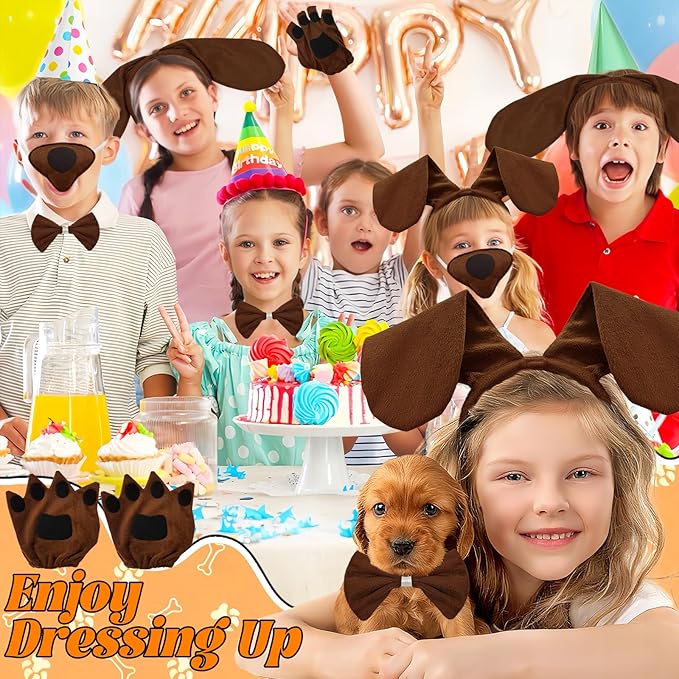 5Pcs Puppy Dog Costume Accessories Set,Dogs Long Ear Headband Nose Tail Gloves Bow Tie for Halloween Cosplay Prop Supplies Decor