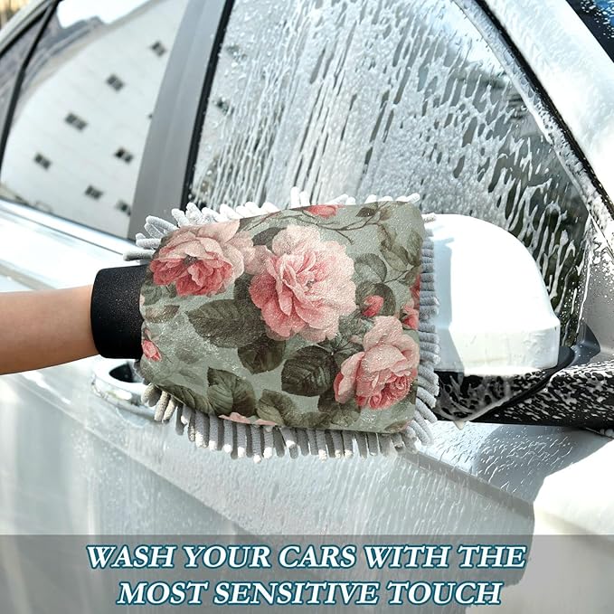 Car Wash Mitt Microfiber Wash Mitts for Car Washing Scratch-Free Cleaning Gloves Soft Non Absorbent Chenille Auto Hand Mitt Medium 2Pack Sage Green Elegant Roses with Leaves