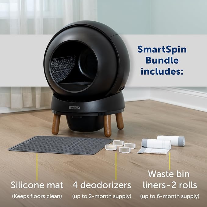 PetSafe ScoopFree SmartSpin Self-Cleaning Litter Box Bundle, Black Odor Control App Controlled Up to 2 Weeks of Hands-Free Cleaning Includes Litter Mat, 50 Waste Bin Liners, 4 Deodorizers
