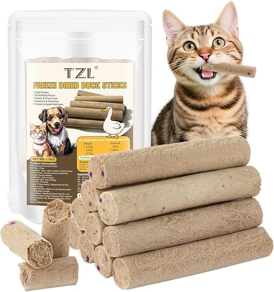 TZL Freeze Dried Duck Stick Cat Treats, High Protein Healthy Treats for Cats & Dogs, Natural Teeth Cleaning Snacks, Gluten& Grain Free