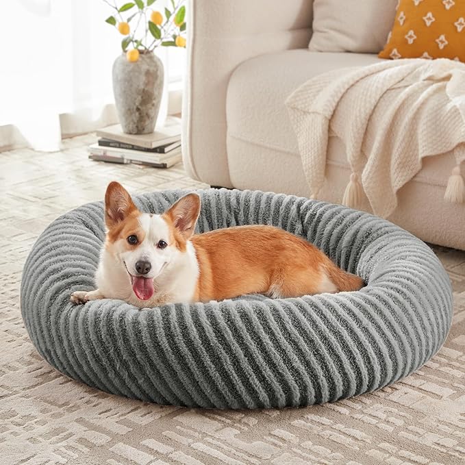 MIXJOY Dog Beds Large Sized Dogs, Washable Dogs Bed with Removable Cover, Cozy Donut Dog Ded Fluffy Plush Faux Fur Pet Bed with Anti-Slip Bottom, 36"x36"x10", Grey