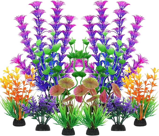 QUOZUO Fish Tank Decorations - 10 Pcs Colorful Aquarium Plants, Plastic Accessories, Mini Plants for Aquarium Decor