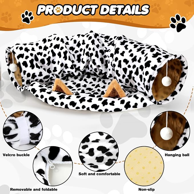Spardar Bunny Tunnel Bed, 2-in-1 Collapsible Tunnel Tubes Toys, Washable, with Removable Mat Hideout, Interactive Toys for Rabbits Chinchilla Hedgehog Guinea Pigs Kitty, Cow