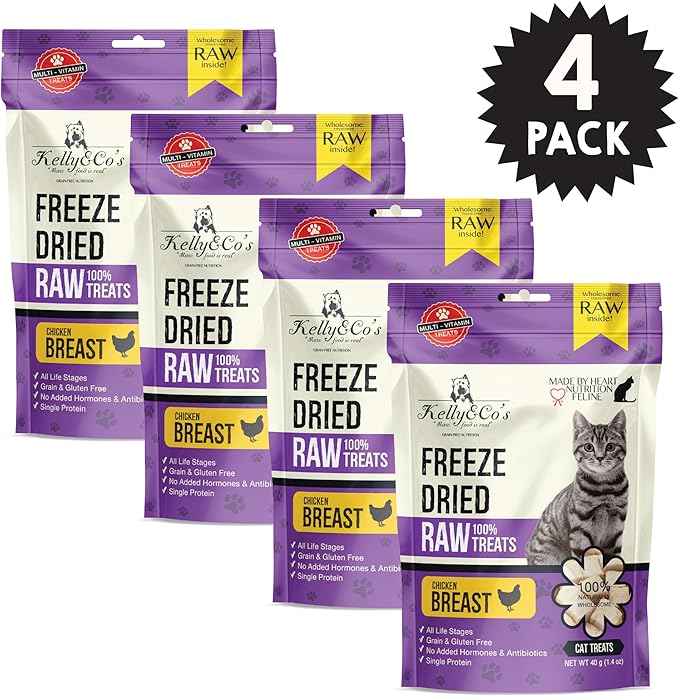 KELLY & CO'S Freeze Dried Cat Treats - Chicken Breast Made from a Single Ingredient. Grain-Free, high Protein Healthy cat Treats (1.4 oz x 4 Packs) Minimally Processed Indulgent Treat.