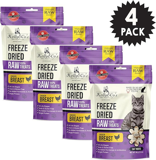 KELLY & CO'S Freeze Dried Cat Treats - Chicken Breast Made from a Single Ingredient. Grain-Free, high Protein Healthy cat Treats (1.4 oz x 4 Packs) Minimally Processed Indulgent Treat.