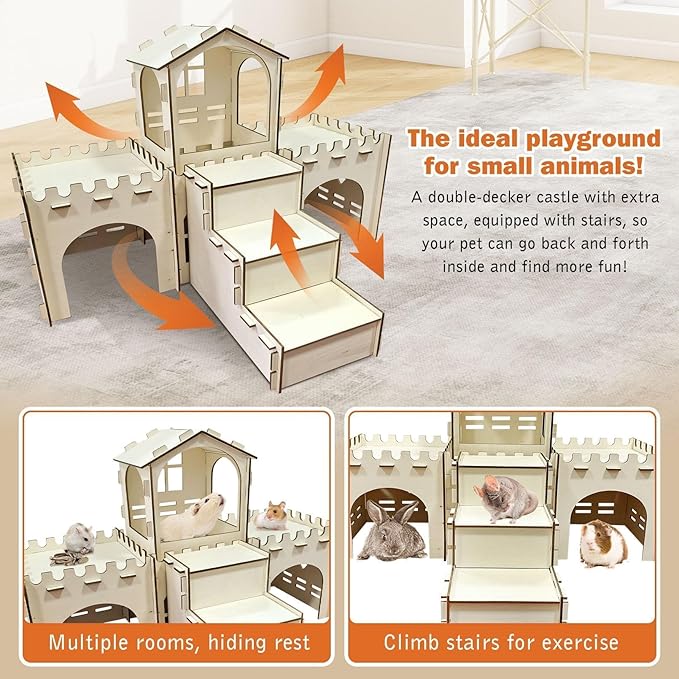 PINVNBY Extra Large Bunny Castles Hideout, Wooden Rabbit House Hide Climbing Detachable Indoor Wooden Hideaway Castle Tower Tunnel for Small Animal Guinea Pig Hamster Chinchilla Ferret