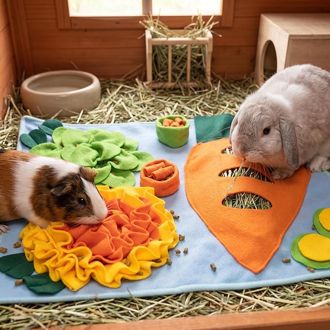 Rabbit Hay Feeder - Interactive Polar Fleece Pet Foraging Mat Toy Indoor for Guinea Pig Bunny Chinchillas Hamster Ferrets Small Animals - Anti Slip Feeding Mat Treat Dispenser Machine Washable