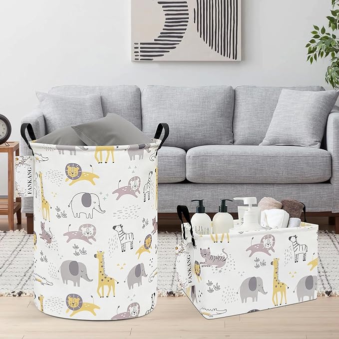 Storage Basket, Nursery Hamper Canvas Laundry Basket Foldable with Waterproof PE Coating Large Storage Baskets for Kids Boys and Girls, Office, Bedroom, Clothes,Toys(Lovely Animals)