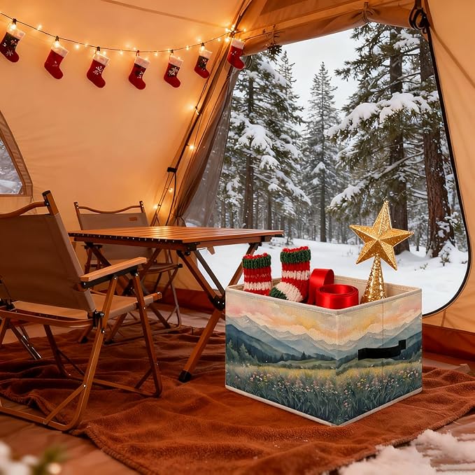Abstract Boho Mountains Floral Storage Bins, Wildflower Nature Landscape Foldable Closet Organizers Storage Basket Toybox for Clothes Bed Sheets Blankets Toys