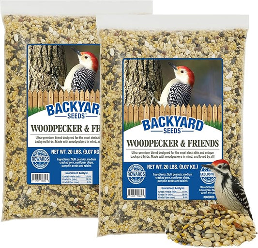 Backyard Seeds Woodpecker No-Waste Bird Seed Mix 40lbs - Premium Shelled Peanuts & Sunflower Chips, Two Medium Bags of Wild Bird Food