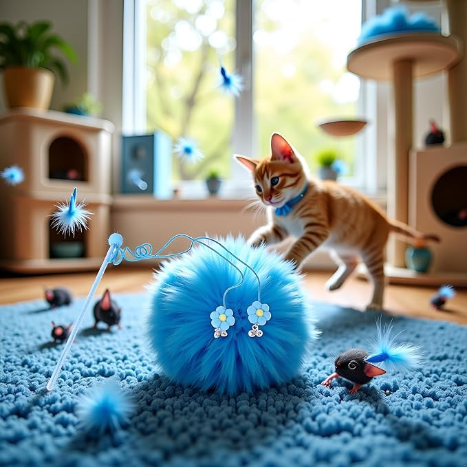 Cat Feather Stick Wand Toy,Cat Toys Teaser Wand with Feather Refills with Bell for Indoor Cats, Cat Toy Wand for Indoor and Kitten(Blue)