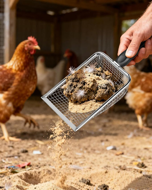 KOROI Chicken Poop Scooper - 2 Pack Chicken Coop Poop Scoop Shovel with 3.8mm & 5mm Mesh,Metal Chicken Coop Cleaning Tool,Sifting Rake for Chicken Litter, Sand, Chicken Coop Supplies
