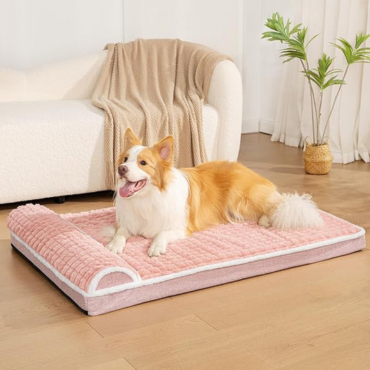 Orthopedic Dog Bed Large Sized Dog with Pillow 36''X24'', Waterproof Soft Comfortable Egg Crate Foam Pet Crate Beds Mat with Removable Washable Cover and Non-Slip Bottom, Pink
