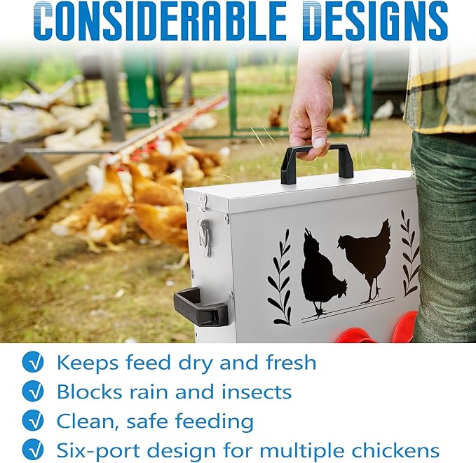 No Waste Automatic Chicken Feeder (30 LB), Rodent Resistant Metal Poultry Feeder with Locking Lid, Adjustable Stand & 8 Ports, Heavy Duty Weatherproof Feed Box for Hens, Ducks