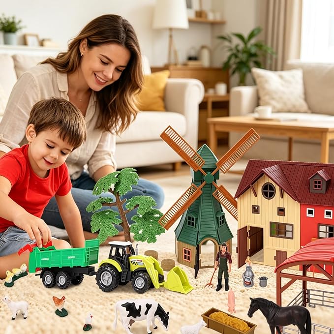 Peagprav Farm Animals Figurines Toys -140 pcs Toy Set Barn Toy Horse Stable Tractor Trailer Windmill Farmer Fence Playset for Kids Toddlers Boy Girl 3-7 Years Old