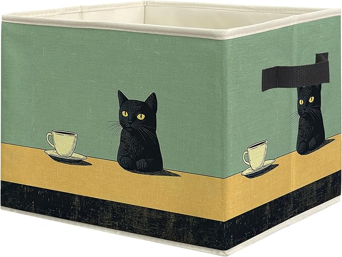 Retro Black Cat Drink Coffee Storage Bin Box, Cat Lover Mom Lady Grandma Gifts Collapsible Storage Basket Organizer for Bedroom Bathroom Home Clothes Toys Books, Toybox for Girls