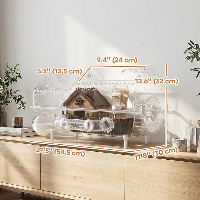 PawHut 8 in 1 PET Hamster Cage, Dwarf Hamster Cage with Large Wheel & Hideout, Small Animal Habitat with Accessories, Clear Pet House, 21.5" x 11.8" x 12.6"