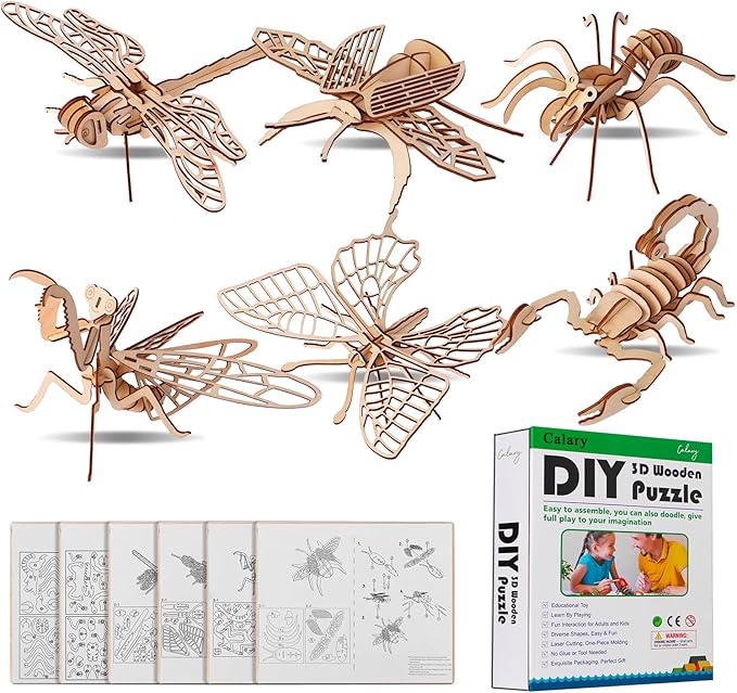 calary 3D Wooden Puzzle Simulation Animal Dinosaur Assembly DIY Model Toy for Kids and Adults,Set of 6