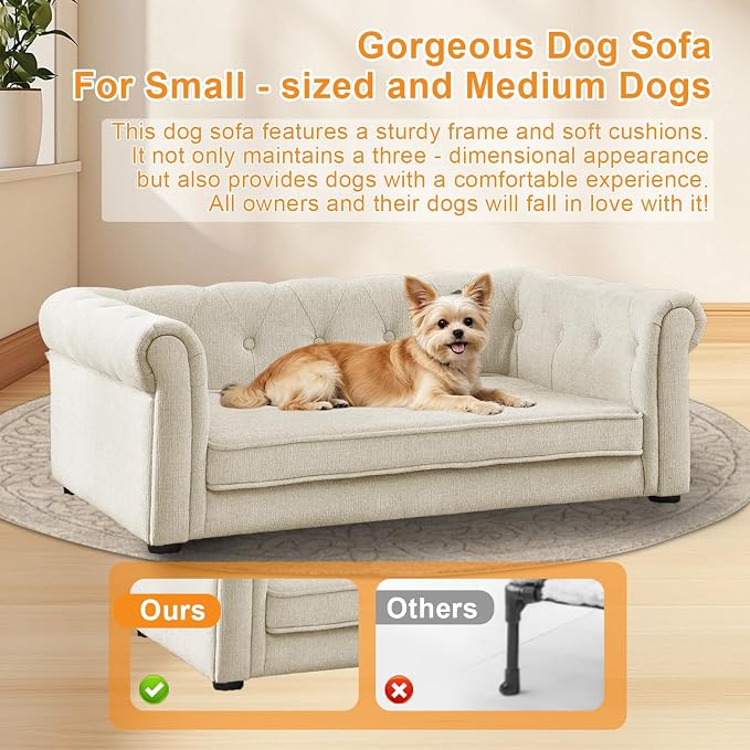Dog Sofa for Small & Medium Dogs | Removable & Washable | No Assembly Required | Breathable Linen Fabric | Soft Foam |Floor-friendly sofa legs | Beige