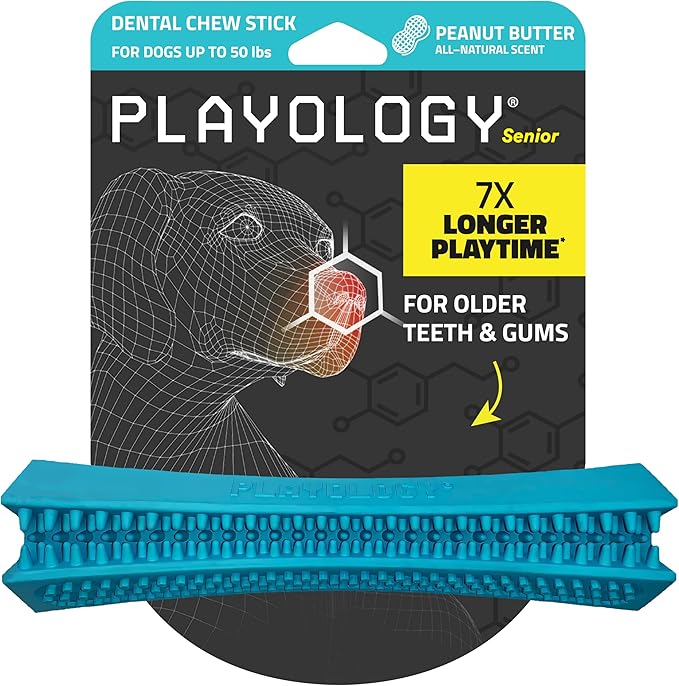 Playology Dog Toys | Dental Chew Stick for Senior Dogs | Peanut Butter Scented Medium Toy | Dog Chew Toy for Healthy Teeth and Gums