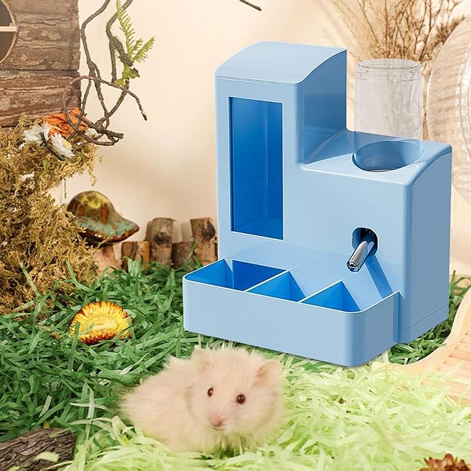 3 in 1 Hamster Automatic Feeder Container Fashion Large Capacity Dispenser Water Bottle for Chinchillas Small Animal Bunny, Blue 80ml Bottle