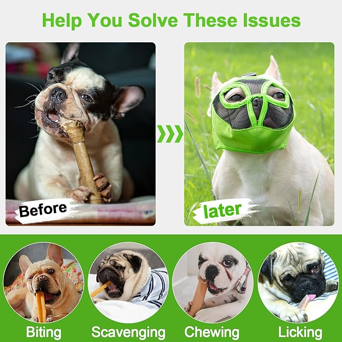 Short Snout Dog Muzzles- Adjustable Breathable Mesh Bulldog Muzzle for Biting Chewing Licking Grooming Dog Mask,Green M