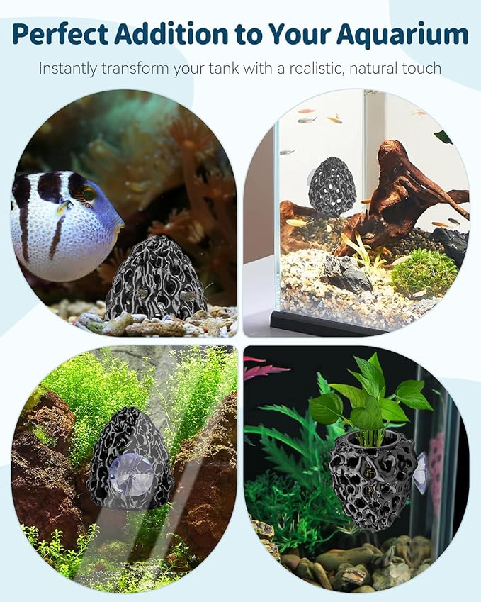 Uniclife Shrimp Cave, Shrimp Hides for Aquarium, Realistic Plastic Aquarium Coral Rock Decorations with Suction Cup, Betta Hideout Tank Accessories for Fish Tank Decor, Hiding & Resting, Black