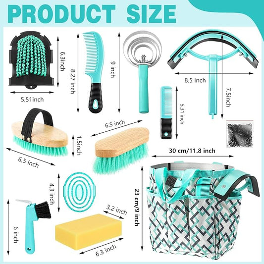 Abbylike 12 Piece Horse Grooming Kit with Organizer Tote Bag Brush Sets for Derby Day Show Horses Professional Tools for Care & Massage(Mint Green and Grey)