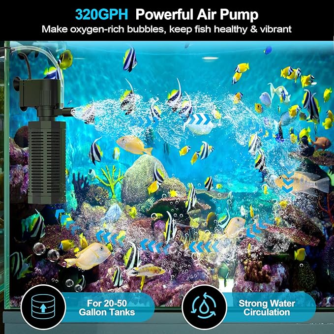 Aquarium Internal Filter for 20-50 Gallons, Ultra-Quiet Fish Tank Filter Biochemical Filtration 320GPH Powerful Pump Submersible Aquarium Filter Tank Clear Air Supply (13W)