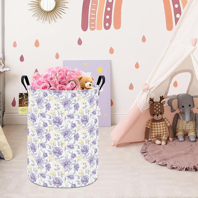 Collapsible Fabric Storage Basket, Waterproof Laundry Hamper with Handles, Round Storage Bin for Clothes Toys, Foldable Organizer for Bedroom Nursery Bathroom(Round-Purple Flowers)