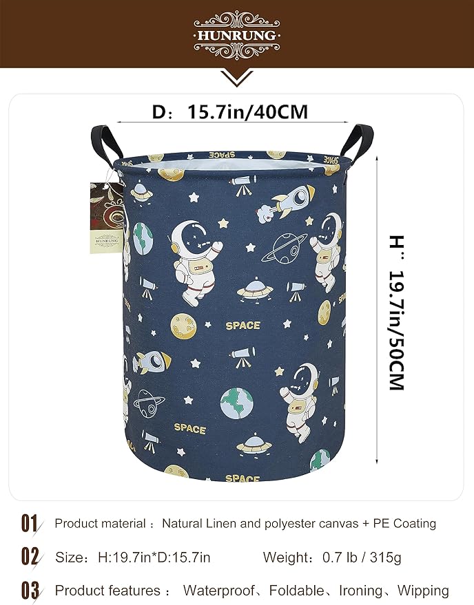 Collapsible Fabric Storage Basket, Waterproof Laundry Hamper with Handles, Round Storage Bin for Clothes Toys, Foldable Organizer for Bedroom Nursery Bathroom(Round-Blue Space Astronaut)
