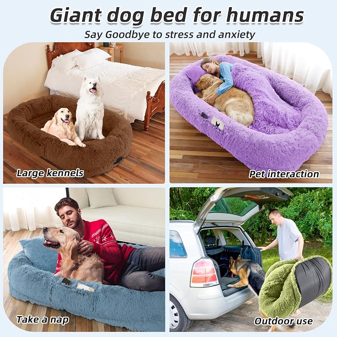 WROS Human Dog Bed, 71"x45"x12" Size Fits You and Pets, Washable Faux Fur Pet Bed for People Doze Off, Napping Orthopedic Dog Bed, Present Plump Pillow, Blanket, Strap - Coffee