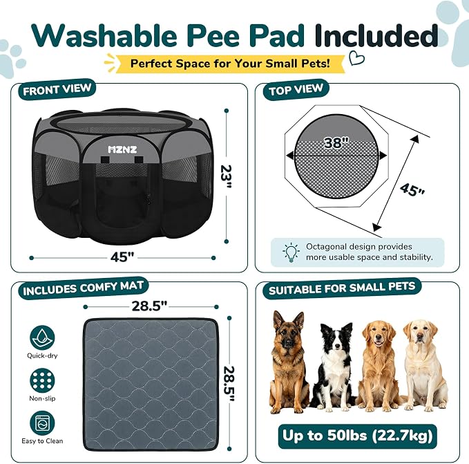 Dog Playpen with Pee Pad, Portable Puppy Pet Crate Indoors for Small/Medium/Large Dogs Cats Rabbits, Foldable Dog Cage Enclosure for Outdoor, Pop Up Dogs Tent Kennel with Carrying Case, Dark Grey