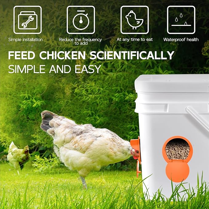 Chicken Feeder Port 12 Pack - No Waste DIY Poultry Feeding Kit with Stopper Lid & Hole Saw, Reusable Rain Proof Automatic Coop Gravity Feeder for Hens Ducks Geese (Orange)