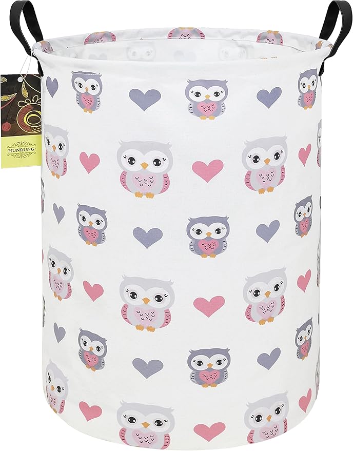 Collapsible Fabric Storage Basket, Waterproof Laundry Hamper with Handles, Round Storage Bin for Clothes Toys, Foldable Organizer for Bedroom Nursery Bathroom(Round-Love Owl)