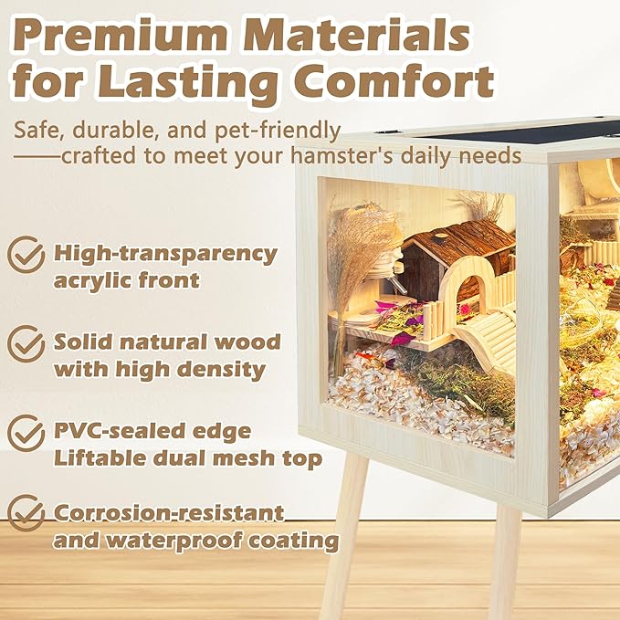 Prolee Hamster Cage with Curved Design,Chew Proof Wooden Hamsters Enclosure with Leg Stand and Openable Top or Gerbils,Hamster Habitat (24"x16"x16")