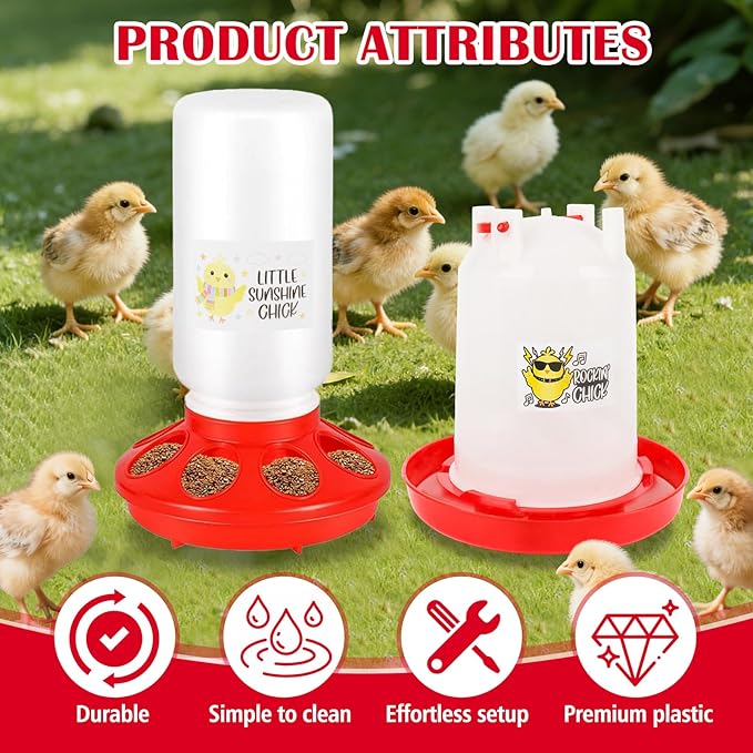 Chicken Feeder and Waterer Set with Chick Perch, Cool Baby Chick Feeder and Waterer Set, Chick Waterer, Baby Chicken Supplies for Small Poultry Chicks Ducks Quail Pigeons Birds(RED)